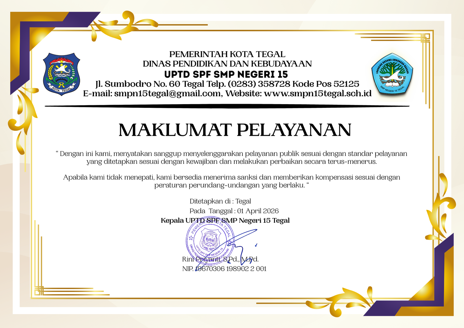 Komitmen Pelayanan Publik UPTD SPF SMP Negeri 15 Tegal